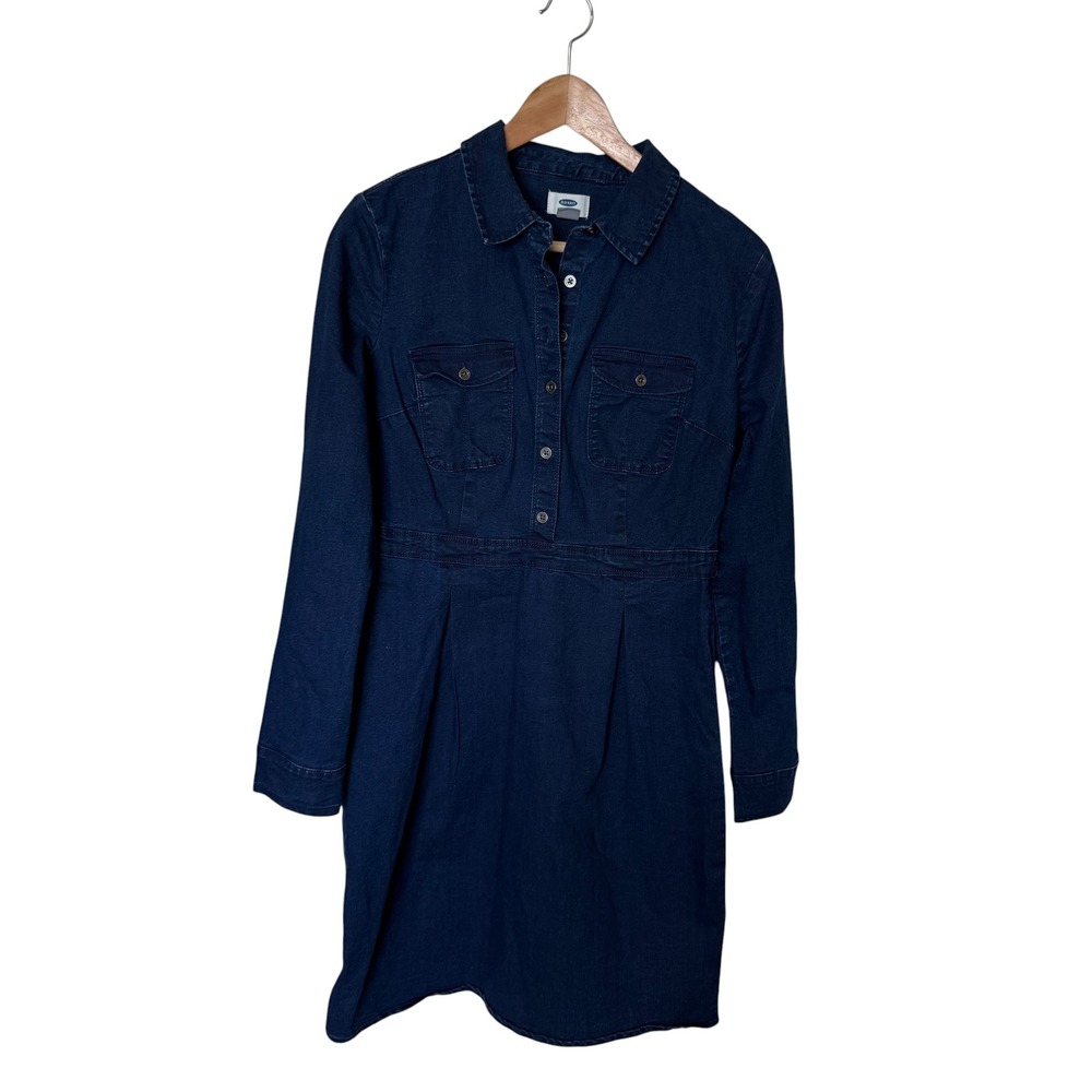 Oldβ Navy Denim Shirt Dress Women Size 6 Dark Wash Excellent Long Sleeve Pleated
